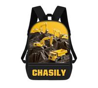 Personalized Name Engineering Vehicles Theme Backpack Custom Excavators Truck Backbag 17 in Adjustable Strap Outdoor Travel Daypack for Men Women Engineering Vehicles Fans Car Lover