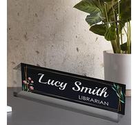 Personalized Name Plate for Desk | Clear Acrylic Glass art | Custom Office Decor Name plate Sign | Personalized Gifts (10cm W x 3cm H x 15mm) (Floral with Golden Line)