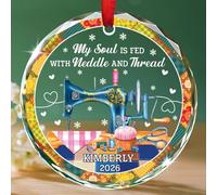 Personalized Name Sewing Lover Christmas Glass Ornament 2025, My Soul is Fed with Needle and Thread Xmas Tree Ornaments, Custom Sewing Machine Christmas Ornament Gifts for Tailor Sewer Quilter