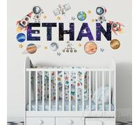 Personalized Name Wall Sticker, Space-Themed Astronaut Rocket Planet Stars Decal for Kids Room, Boys Room Decor with Colorful Planets