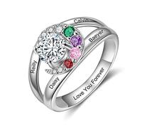 Personalized Names Rings for Women Custom 925 Silver Promise Ring With 2-4 Name Birthstone Engraving Mother Daughter Rings Jewellery Gift For Mother's Day Valentine's Day Christmas (4 Name, S)