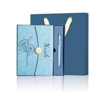 Personalized Notebook with Engraved Name & Birth Month Flowers - Premium Faux Leather Classic Journal for Birthday, Graduation, Christmas, 200 Numbered Pages, 15 x 21 cm (Lightblue with gift box)