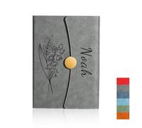 Personalized Notebook with Engraved Name & Birth Month Flowers - Premium Faux Leather Classic Journal for Birthday, Graduation, Christmas, 200 Numbered Pages, 15 x 21 cm (Grey)