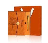 Personalized Notebook with Engraved Name & Birth Month Flowers - Premium Faux Leather Classic Journal for Birthday, Graduation, Christmas, 200 Numbered Pages, 15 x 21 cm (Orange with gift box)