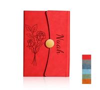 Personalized Notebook with Engraved Name & Birth Month Flowers, Premium Faux Leather Classic Journal for Birthday, Graduation, Christmas, 200 Numbered Pages, 15 x 21 cm (Red)