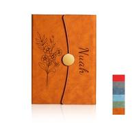 Personalized Notebook with Engraved Name & Birth Month Flowers - Premium Faux Leather Classic Journal for Birthday, Graduation, Christmas, 200 Numbered Pages, 15 x 21 cm (Orange)