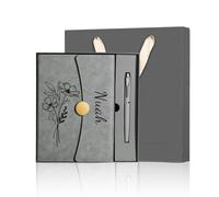 Personalized Notebook with Engraved Name & Birth Month Flowers - Premium Faux Leather Classic Journal for Birthday, Graduation, Christmas, 200 Numbered Pages, 15 x 21 cm (Grey with gift box)