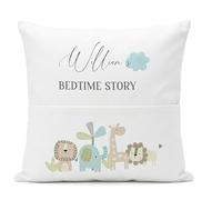 Personalized Nursery Pocket Cushion - Custom Baby Name Pillow 40x40cm - Soft Plush Reading Nook Decor - New Baby Gift - Elephant Safari lion giraffe Design