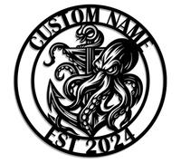 Personalized Octopus Metal Sign - Custom Nautical Wall Art with Kraken, Anchor, Lighthouse & Compass - Marine-Inspired Iron Decoration for Beach House, Bar, or Outdoor (Style-B)