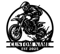 Personalized Off-Road Motocross Metal Sign - Custom Dirt Bike Wall Art with Splash Trail, Rider Silhouette, Name & EST Year - Extreme Sports Garage or Outdoor Decor (Style-D)