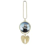 Personalized Old Sailing Ship Car Rearview Mirror Ornament Double Side Custom Photo Picture Car Hanging Pendant Accessories Alloy Angel Wings Vehicle Decoration Golden