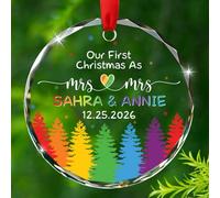 Personalized Our First Christmas As Mrs & Mrs Glass Ornament 2025, Pride Lesbian Rainbow Xmas Ornament Gift for Newlywed Married Anniversary, Custom Date Names Couple LGBT Ornaments, Lesbian Decor