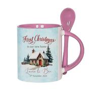 Personalized 'Our First Christmas in New Home' Mug | Custom Name & Date First House X-mas Gift for Couple | New Homeowner Housewarming | Mug with Spoon - Colour Inside Coffee Cup. (Pink)