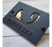 Personalized Outdoor House Numbers Plate Cat House Sign Customized 3D Door Sign Modern Acrylic House Number Plaque Laser Cut Home Number Gift (Black Gold,40x25cm)