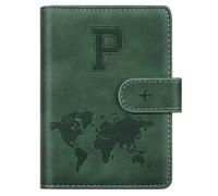 Personalized P Passport Holder Cover Initial Letter Travel Wallet RFID Blocking Passport Cover Credit Card Holder Case Passport Book Holders for Women and Men, Pine Green-P