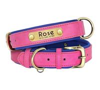 Personalized Padded Leather Dog Collar With ID Name Phone Number Tag Nameplate For Shiba Inu Beagle Pug Chihuahua,Rose Red,L