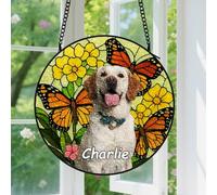 Personalized Pet Butterfly with Flowers Sun Catcher Stained Glass Window Hanging for Women Butterfly Decor Handmade Sun Catcher Decoration for Garden Home Housewarming Gifts