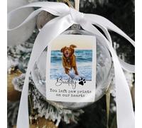 Personalized Pet Memorial Photo Bauble - Custom Dog Remembrance Ornament with Picture Insert - Clear 8cm Plastic Ball with Ribbon & Feather - Sympathy Gift for Pet Owners at Christmas
