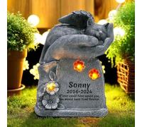 Personalized Pet Memorial Stones for Cat with Solar Pawprint, Cat Sleeping in God's Hands Grave Markers, Pet Tombstone for Cat, Solar Cat Limestone Headstone Memorial Garden Stone Cat Memorial Gifts