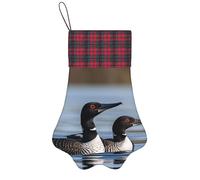 Personalized Pet Paw Christmas Stocking 17 Inch Dog Cat Xmas Fireplace Hanging Stocking with Red Plaid Cuff Loon Birds Santa Socks for Xmas Tree Fireplace Hanging Party Decoration