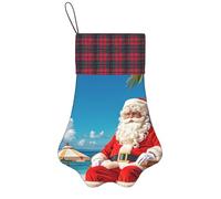 Personalized Pet Paw Christmas Stocking 17 Inch Dog Cat Xmas Fireplace Hanging Stocking with Red Plaid Cuff Santa Claus at Beach Santa Socks for Xmas Tree Fireplace Hanging Party Decoration