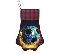 Personalized Pet Paw Christmas Stocking 17 Inch Dog Cat Xmas Fireplace Hanging Stocking with Red Plaid Cuff Cool Soccer Ball Santa Socks for Xmas Tree Fireplace Hanging Party Decoration