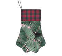 Personalized Pet Paw Christmas Stocking 17 Inch Dog Cat Xmas Fireplace Hanging Stocking with Red Plaid Cuff Green Palm Tree Leaves Santa Socks for Xmas Tree Fireplace Hanging Party Decoration