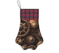 Personalized Pet Paw Christmas Stocking 17 Inch Dog Cat Xmas Fireplace Hanging Stocking with Red Plaid Cuff Steampunk Mechanical Gears Santa Socks for Xmas Tree Fireplace Hanging Party Decoration