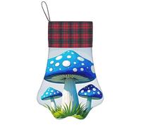 Personalized Pet Paw Christmas Stocking 17 Inch Dog Cat Xmas Fireplace Hanging Stocking with Red Plaid Cuff Cartoon Blue Mushroom Santa Socks for Xmas Tree Fireplace Hanging Party Decoration