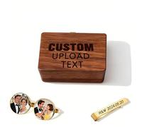 Personalized Photo Cufflinks and Tie Bar Set for Men, Custom Engraved with Name/Initials, Gift for Father of the Bride, Groom, Groomsmen, Dad, Husband, Standard, Wood Metal, no gemstone