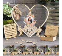 Personalized Photo Heart Wedding Guest Book Alternative Wood Guest Book Wedding Reception with 30/50/90 Pcs Wooden Hearts Slice and Drop Box Rustic Wedding Sign Decor for Reception and Ceremony Party