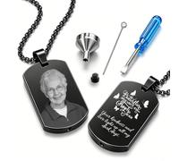 Personalized Photo Urn Necklace for Ashes, Custom Engraved Dog Tag, Stainless Steel Memorial Keepsake Ashes Holder Pendant with Funnel Kit, In Memory of Deceased Loved Ones, Beloved Pets (Monochrome)