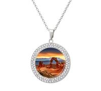 Personalized Picture Arches Necklace National Park Personalized Circle Chain Necklace 20 Inch Dog Tag Pendant Round Necklace with Photos, One size, Titanium Steel, Rhinestone