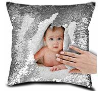 Personalized Picture Magic Reversible Custom Throw Pillowcase, DIY Design Sequin Pictures Photos, Single Side Printed, Pet, Lover & Family Photo Throw Pillow Case, 16''x16'', Silver(Case Only)