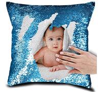 Personalized Picture Magic Reversible Custom Throw Pillowcase, DIY Design Sequin Pictures Photos, Single Side Printed, Pet, Lover & Family Photo Throw Pillow Case, 16''x16'', Lake Blue(Case Only)