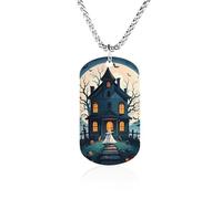 Personalized Picture Pendant for Woman, Memorial Haunted House Tree Witch Halloween Necklace Gifts for Man, Rectangle Titanium Steel Pendant with Chain, Birthday Anniversary Family Titanium Steel