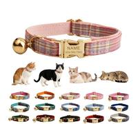 Personalized Plaid Polyester Cat Collar,Custom Laser-Engraved Name and Phone Number, Bell,Adjustable Gold Buckle for Kittens and Cats -Multiple Colors,Matching Leash and Bow Available (Style-2)