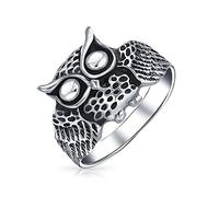 Personalized Protection Medium Old Wise Bird Night Owl Band Ring For Women Teen Oxidized .925 Sterling Silver Customizable