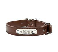 Personalized PU Leather Dog Collar Adjustable Dog Collar Custom Engraving Dog Name ID Tag Collar For French Bulldog Labrador Chihuahua Pug,Brown,L