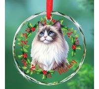Personalized Ragdoll Cat Wreath Glass Christmas Ornament, Ragdoll Lover Xmas Tree Decoration Ornament 2025, Customized Pet Wreath Xmas Ornaments with Name, Pet Cat Christmas Glass Keepsake Hanging