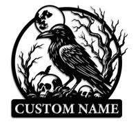 Personalized Raven and Skulls Metal Sign - Custom Name Gothic Iron Wall Art with Full Moon and Crow Design - Halloween or Witchy Decor for Cabins, Bars, or Themed Rooms