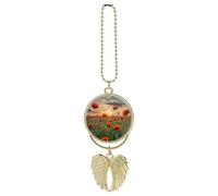 Personalized Red Flower Field in Sunset Car Rearview Mirror Ornament Double Side Custom Photo Picture Car Hanging Pendant Accessories Alloy Angel Wings Vehicle Decoration Golden