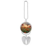 Personalized Red Flower Field in Sunset Car Rearview Mirror Ornament Double Side Custom Photo Picture Car Hanging Pendant Accessories Alloy Angel Wings Vehicle Decoration Silver