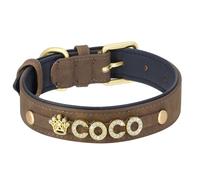Personalized Rhinestone Dog Collar - Custom Name Charm Necklace For Small Breeds - Padded PU Leather Chihuahua Collars(Coffee,L)