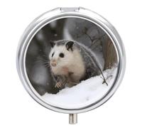 Personalized Round Metal Pill Box, 3-Compartment Portable Opossum in Snow Pill Organizer for Purse, Travel Vitamins, Medication, Fish Oil & Supplements Pill Case