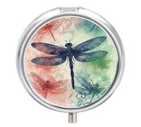 Personalized Round Metal Pill Box 3 Compartments Portable Modern Dragonfly Pill Organizer for Wallet, Travel Vitamins, Medicine, Fish Oil and