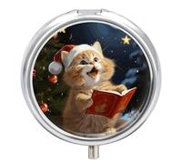 Personalized Round Metal Pill Box, Portable 3 Compartment Organizer Cute Cat Singing Christmas Carols for Purse Travel Vitamins Medicine Fish Oil