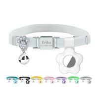 Personalized Safety Elastic Cat Collars with Bell Soft Silicone Cover for Air Tag,Laser Customized Stretch Kitten Collars for Girls Boys Cats (White)