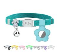 Personalized Safety Elastic Cat Collars with Bell Soft Silicone Cover for Air Tag,Laser Customized Stretch Kitten Collars for Girls Boys Cats (Cyan)