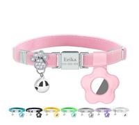 Personalized Safety Elastic Cat Collars with Bell Soft Silicone Cover for Air Tag,Laser Customized Stretch Kitten Collars for Girls Boys Cats (Pink)